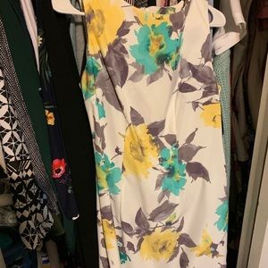 Yellow, teal and grey floral print dress